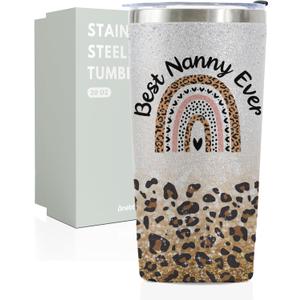 Onebttl Nanny Gifts from Granddaughter, Grandson, Insulated Stainless Steel Wine Tumbler with Lid and Straw, for Grandma on Mother's Day, Birthday, Christmas, Best Nanny Ever, Glitter Silver, 20 oz