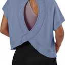 GRECERELLE Women's Open Back Workout Tops Backless Athletic Shirts Casual Crop Running Tee Y2k Yoga (Blue, XL)