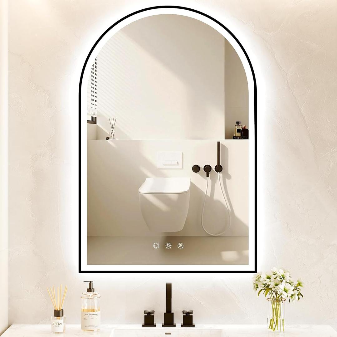 Arched LED Bathroom Mirror 24"x36", Black Bathroom Mirror with Lights-Anti-Fog, Dimmable-LED Mirror for Bathroom, 3 Colors