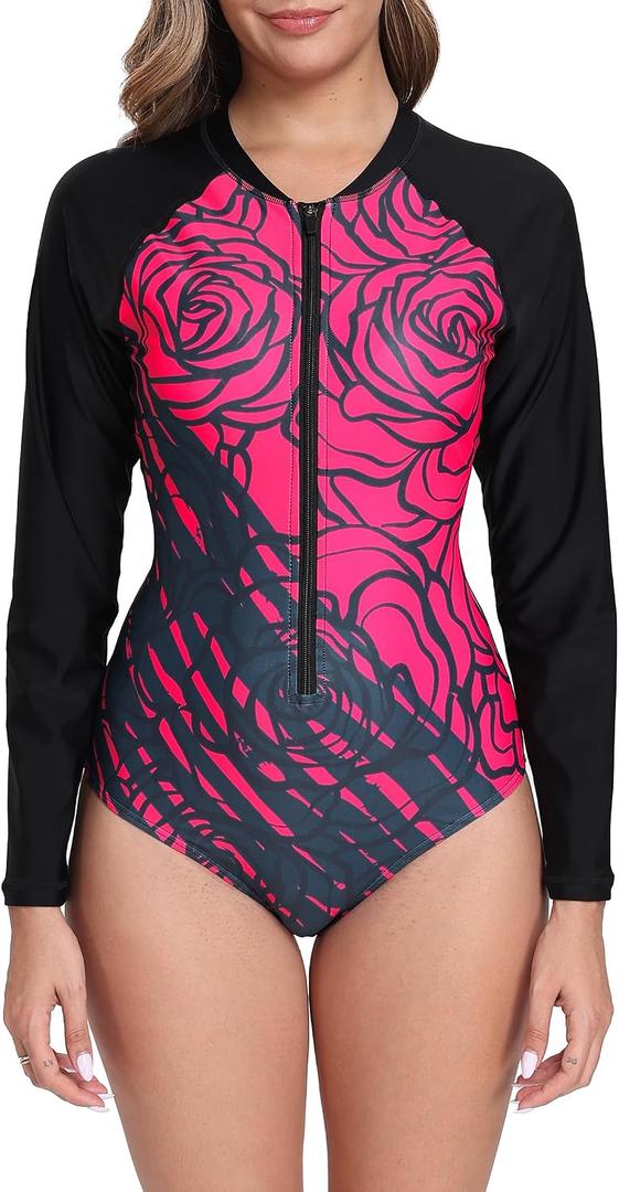 Halcurt Women's One Piece Rash Guard with Built in Bra UPF50+ Zip Long Sleeve Surfing Athletic Swimsuit (Black, XL)