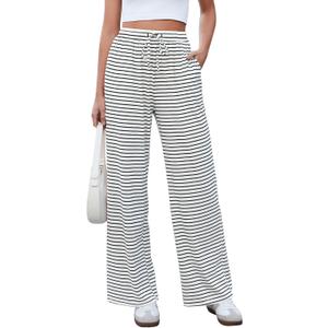 GRAPENT Striped Wide Leg Pants Woman High Waisted Pull On Elastic Waist Casual Lounge Comfy Loose Fit Pants with Pockets (X-Large)