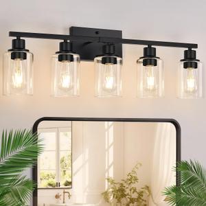 Indoi 5-Light Bathroom Light Fixtures, Matte Black Modern Vanity Lights with Clear Glass Shades, Bathroom Vanity Light for Mirror Living Room Cabinet Bedroom Porch