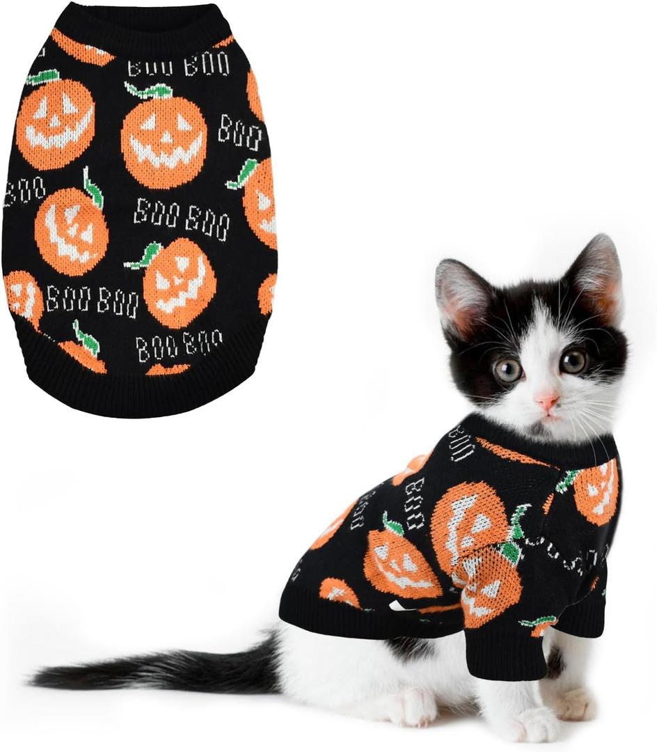 Pet Puppy Dog Halloween Sweater Cat Pumpkin Knitwear Clothes Costume with Cute Boo Pattern Halloween Sweater Coat for Kittens Small Dogs Cats M