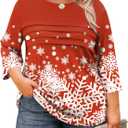 LOMON Plus Size Women Blouses 3/4 Length Sleeve Tops Crewneck Pleated Casual Tees Shirts 3XL (Christmas Snowflakes)
