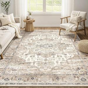 Area Rug 6x9 Washable Vintage - Soft Traditional Rugs for Living Room Large Non Slip Backing with Low Pile Farmhouse Oriental Retro Carpet for Bedroom Dining Room or Home Office - Tea Brown