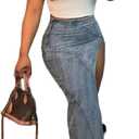 Molisry Womens High Split Denim Maxi Skirt Frayed High Waisted Sexy Summer Irregular Jeans Skirt Streetwear (Medium, 1-blue)