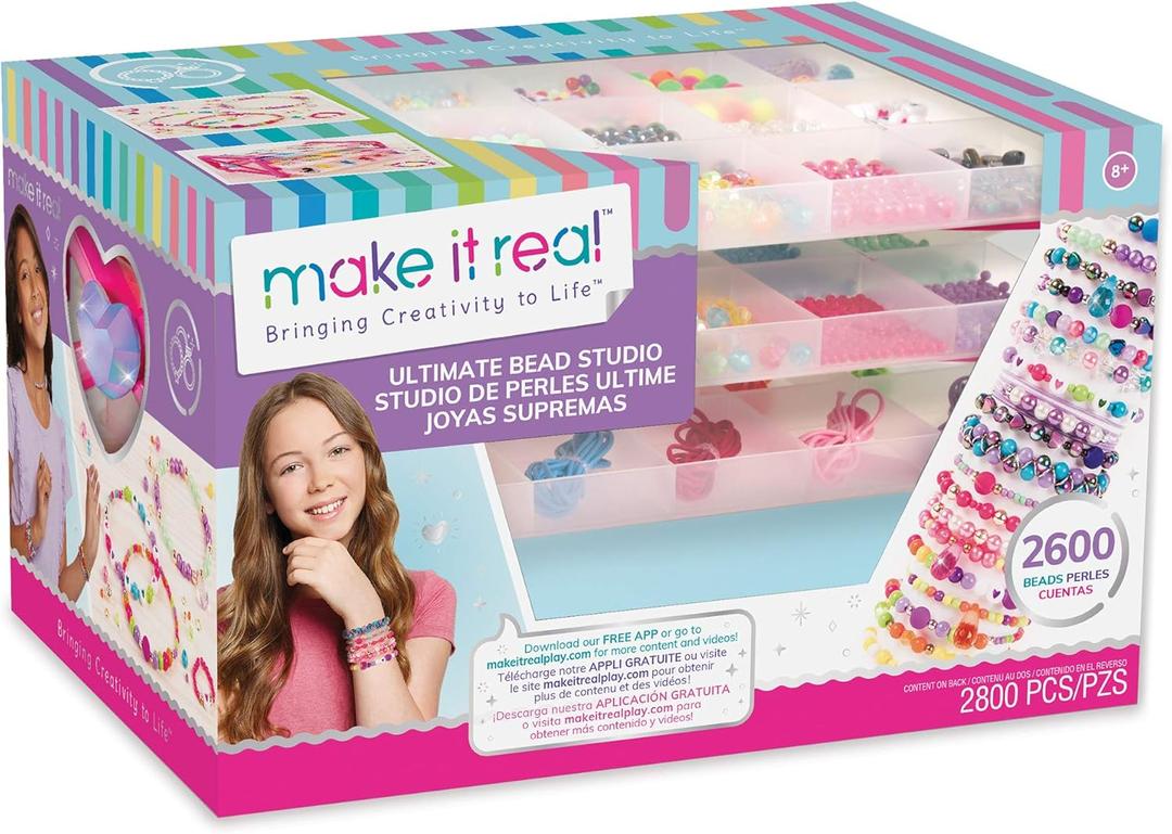 Make It Real  Ultimate Bead Studio. DIY Tween Girls Beaded Jewelry Making Kit. Arts and Crafts Kit Guides Kids to Design and Create Beautiful Bracelets, Necklaces, Rings and Headbands (11.875" x 11.875" x 4")