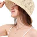 Womens Sun Hat Handmade Crochet Straw Bucket Hat Summer UV Protection Foldable Travel Cap UPF 50+ (Beige)