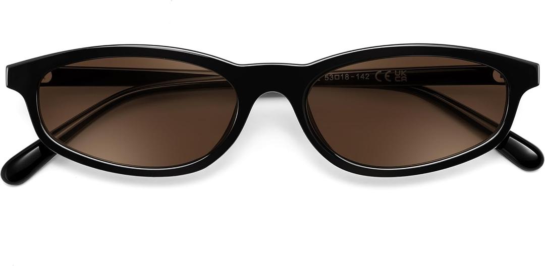 FEISEDY Small Oval Sunglasses for Women Men, Cat Eye 90s Y2k Sunnies, Lightweight Narrow Shades Trendy Glasses B9169 (Black Frame Brown Lens)