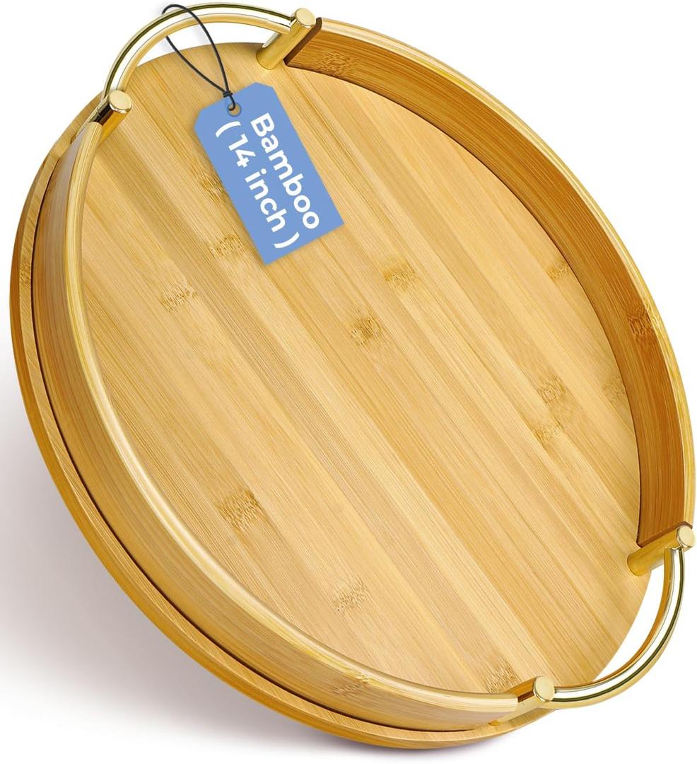 JUPELI 14 Round Bamboo Serving Tray with Handles Decorative Tray, Breakfast Tray, Coffee Table Tray, Ottoman Tray, Kitchen Platter for Drinks, Snacks, Vanity, Home Decor & Gifts