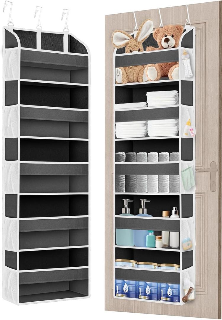 1 Pack Over The Door Organizer, Bathroom Organizers and Storage with 5 Pockets 10 Mesh Pockets, 50 lbs Weight Capacity Dorm Room Essentials for Girls Stuffed Animal Storage for Nursery (A Dark Gray)
