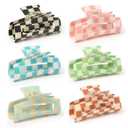 Checkered Multicolored Rectangle Y2K Hair Barrettes and Claw Clips - 6 Pcs Strong Hold Hair Accessories for Thin & Thick Hair (Black Plaid)
