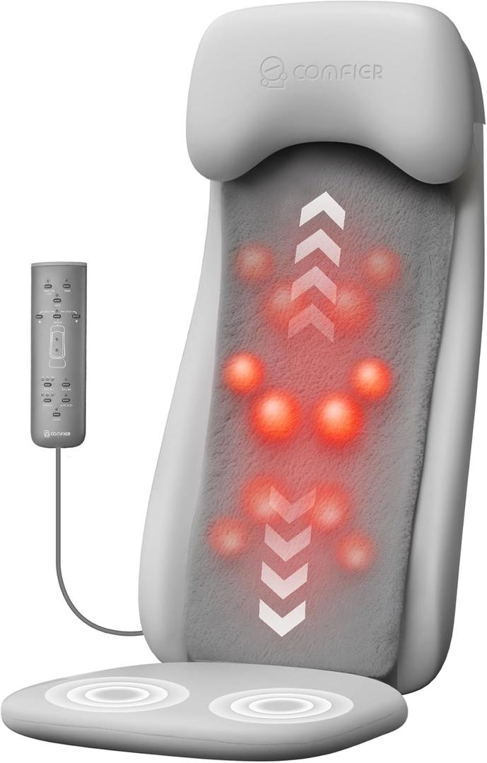 COMFIER Shiatsu Back Massager with Heat, Deep Tissue Kneading Chair Massager with Vibration, 2D/3D Shiatu Massage Seat Cushion, Full Back Massage Chair Pad, Gifts for Men Women (Light Gray)