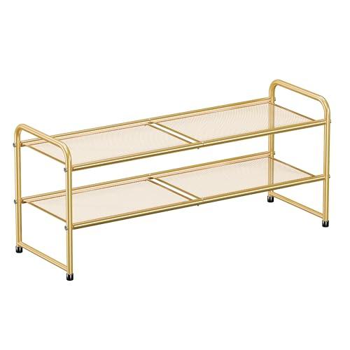 SUFAUY 2 Tier 33" Wide Shoe Rack Closet Metal Mesh, Stackable, Gold