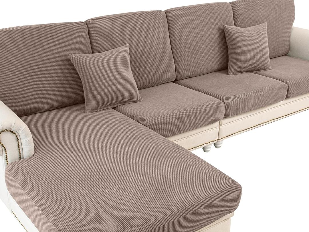 Couch Cushion Covers for Sectional Sofa L Shape Washable Separate Seat Chaise Couch Cover Stretch Sofa Slipcovers with 2 Pcs Pillowcases(3 Seater + 1 Chaise, Khaki)