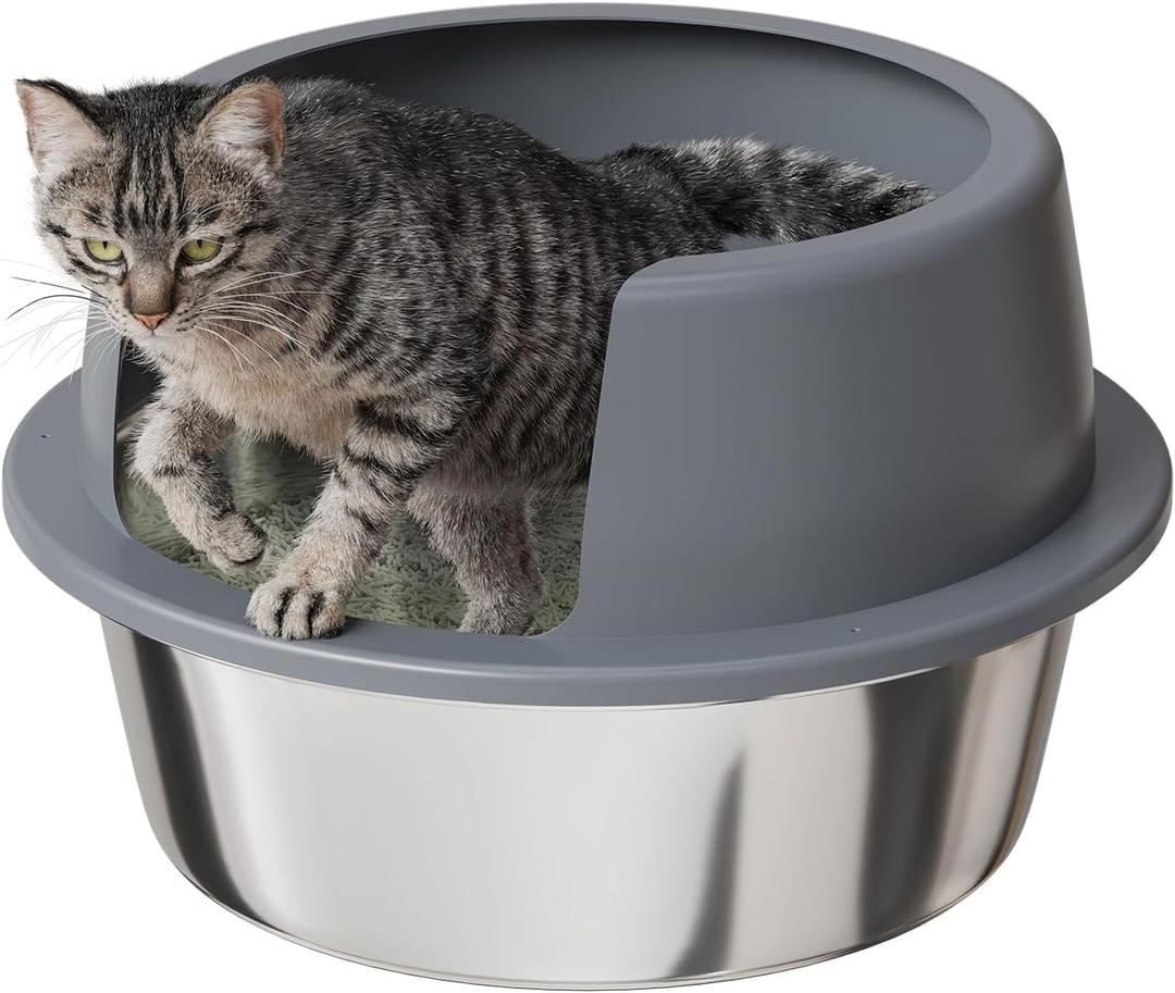 Booche Round High-Sided Stainless Steel Cat Litter Box,Stainless Steel Litter Box with Lid,Extra Large Box,Easy-to-Clean Metal Litter Pan for Cats