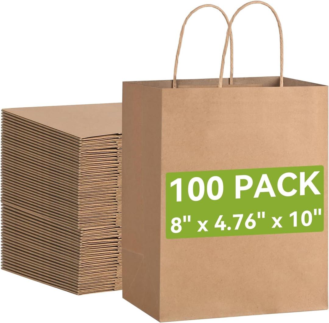 Brothersbox Brown Gift Bags with Handles 100PCS, 8 * 4.76 * 10 Inch Medium Kraft Paper Bags Bulk for Craft Shopping Business Party Favor Retail Birthday Grocery