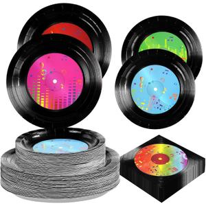 200Pcs Rock and Roll Record Party Supplies 2026 50s Vinyl Record Plates and Napkins Disposable Karaoke Decorations for 1950s Dj Rock Music Themed Vintage Birthday Bachelorette Supplies Serve 50