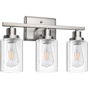 Ascher Bathroom Vanity Light Fixtures, 3 Light Wall Sconces Lighting with Clear Glass Shade, Brushed Nickel Wall Lights for Mirror, Kitchen, Living Room, Gallery, E26 Base (Bulbs Not Included)