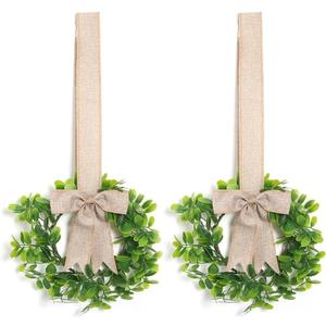 2 Pack 9-inch Mini Eucalyptus Wreath Green Artificial Wreath Summer Spring Farmhouse Porch Wall Window Decoration (Coarse Linen Cloth)