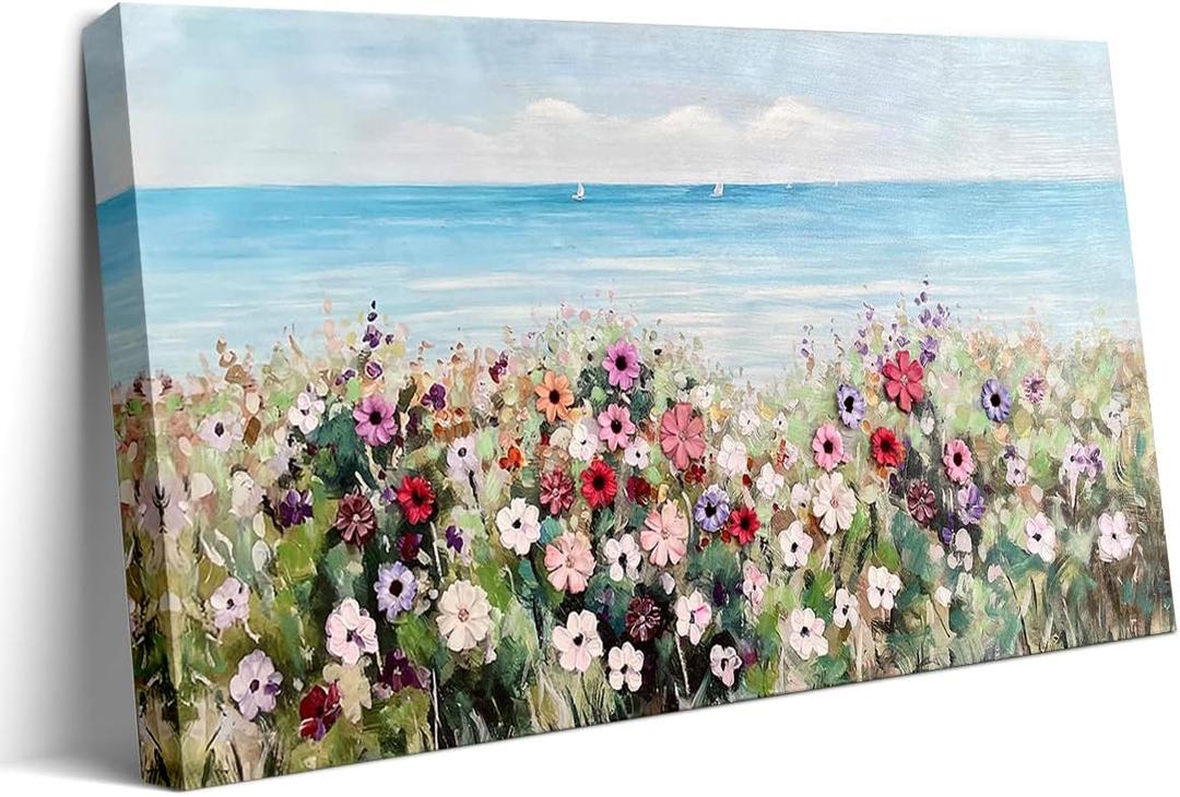 Waowumar Flowers Wall Art Modern Landscape Painting Floral Canvas Pictures for Bedroom Colorful Blossom Wildflowers Living Room Wall Dcor 40x20 Inch
