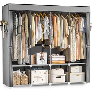 Neatrays Portable Closet, 66 Inch Large Capacity Wardrobe for Closet Organizers and Storage with Non-Woven Fabric Cover, 4 Hanging Rods, 8 Shelves(Grey)