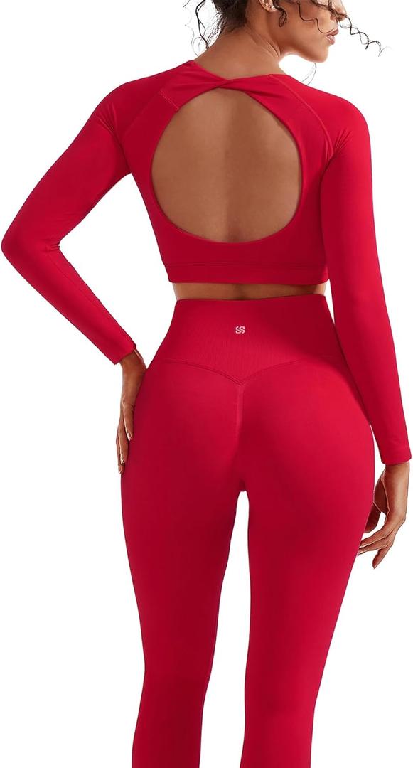 SUUKSESS Women 2 Piece Open Back Seamless Workout Sets Scrunch Booty Gym Leggings Built in Bra Crop Yoga Top (Large, Red)
