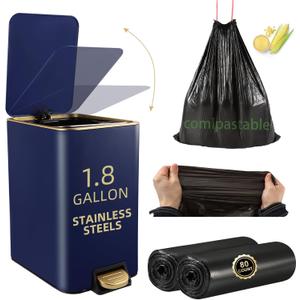 Small Bathroom Trash Can with Lid Soft Close, 1.8 Gallon Stainless Steel Garbage Can with Removable Inner Bucket,80Count Trash Bags, Slim Step Pedal Trash Bins (Navy Blue)