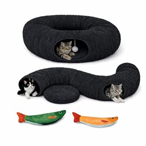 R1M Cat Tunnel Bed for Indoor Cats, Cute Cat Donut Tunnel Toys for Small, Larger Cats with Two Fish Cat Toys, Round Pet Peekaboo Cave Toy for Kitten, Dark Grey