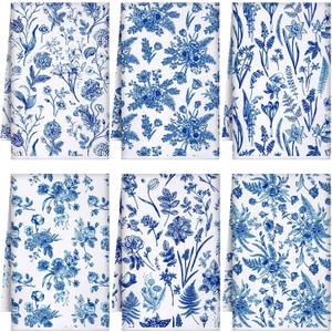 Boyiee 6 Sets Blue and White Kitchen Towels Vintage Wildflower Dish Cloth Absorbent Retro Floral Tea Hand Towels Decorative Set 24 x16 for Farmhouse Kitchen Bathroom Housewarming Gift
