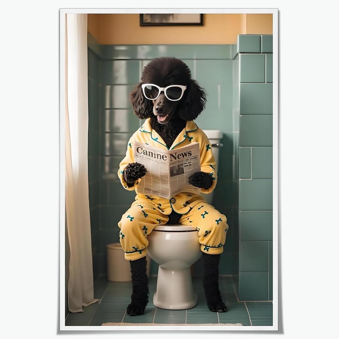 Bathroom Decor Wall Art Funny Black Poodle Dog in Toilet Reading Newspaper Canvas Print Poster pictures Pet Lover Gift Home Decor Dog Theme Room Aesthetics Humorous 12x18inch Unframed