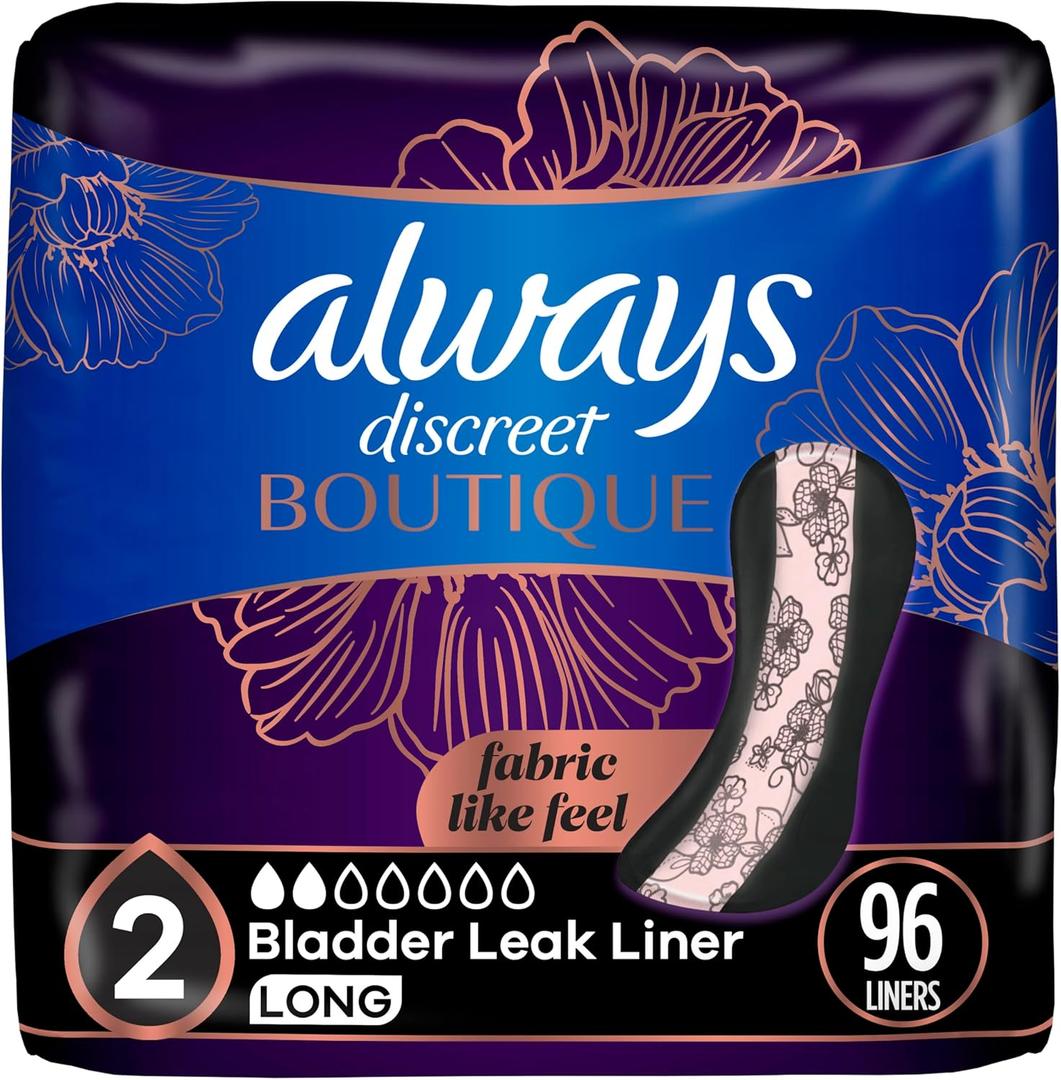Always Discreet Boutique Incontinence Panty Liners for Bladder Leaks, Size 2, Very Light Absorbency, Long Length, 96 Count (3 Packs of 32)