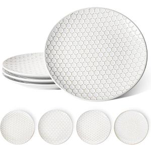 LE TAUCI 10 Inch Ceramic Dinner Plates Set of 4, Large Embossed Plate Set for Kitchen, Microwave & Dishwasher Safe Dinnerware Sets, Modern White Serving Dishes for Pasta, Steak - Arctic White