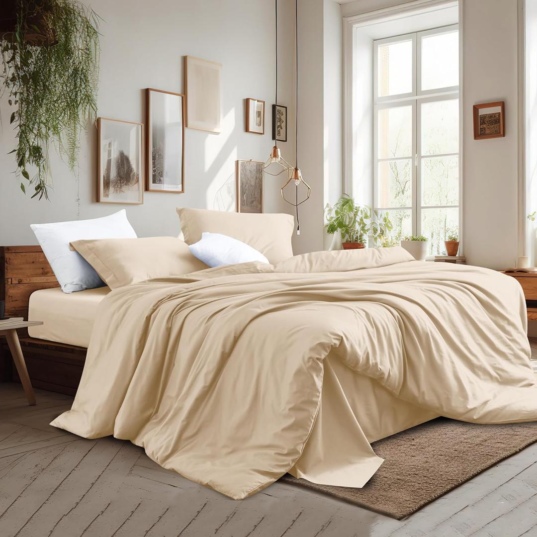 Shunjie.Home 100% Cotton Duvet Cover Set King Size - 400 Thread Count Sateen Egyptian Cotton Duvet Cover, Easy Change Soft Durable Breathable Bedding, Hidden Button Closure & Corner Ties - Beige