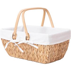 GYASVWU Water Hyacinth Picnic Baskets, Wicker Picnic Basket with Handle, Wicker Bread Basket with Linner, Empty Gift Baskets for Easter, Weddings, Garden and Home Decor (Original)