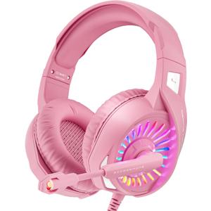 ZIUMIER Z20 Pink Gaming Headset with Microphone, Compatible with PS4 PS5 Xbox One PC Laptop, Over-Ear Headphones with LED RGB Light, Noise Canceling Mic, Stereo Surround Sound (Pink)