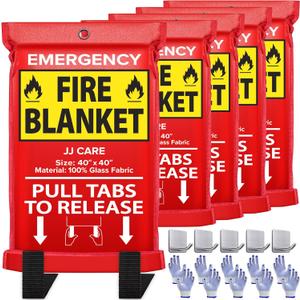 JJ CARE Fire Blanket – 5 Packs with Hooks and Gloves – 40" x 40" Emergency Fire Blanket for Home & Kitchen, High Heat Resistant Fire Suppression Blankets for Home Safety, Kitchen, and Camping