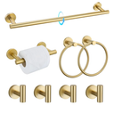 TQKAG 8-Pieces Bathroom Hardware Set Brushed Gold SUS304 Stainless Steel Bath Towel Bar Set 23.6 Inch Round Bathroom Accessories Kit Wall Mounted