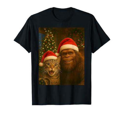 Funny Cat Selfie with Bigfoot Christmas Sasquatch T-Shirt, Size M