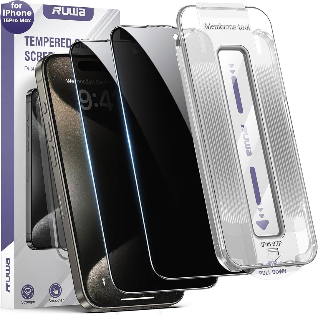 ruwa Screen Protector for iPhone 15 Pro Max 2-Pack Privacy Tempered Glass Film with Auto Dust-Elimination Alignment Kit, 9H Hardness Drop Protection, Scratch Resistant, Full Coverage, Bubble-Free