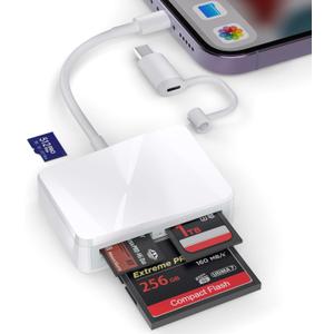 TIANSONG SD Card Reader for iPhone, 4 in 1 USB C and Lightning to CF/SD/MS/TF Card Adapter Memory Card Reader for Camera Adapter Trail Game Camera Viewer for iPad Macbook Plug and Play No App Required (White/Gray)