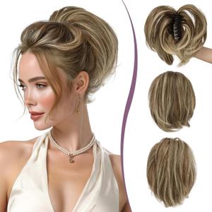 RUWISS Claw Clip Short Human Hair Ponytail Extension with Bendable Metals for DIY Styles Straight Messy Bun Hair Piece for Women Hairpieces for Daily Wear,9 Inch 4T613#