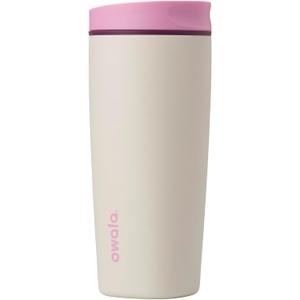 Owala SmoothSip Slider Insulated Stainless Steel Coffee Tumbler, Reusable Iced Coffee Cup, Hot Coffee Travel Mug, BPA Free 20 oz, Pink/Tan (Daybreak)