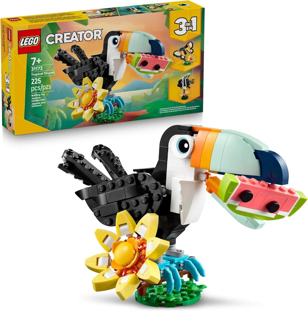 LEGO Creator 3 in 1 Wild Animals: Tropical Toucan Building Toy for Kids- Jungle Building Blocks & Learning Toy for Girls & Boys, Ages 7+ - Build 3 Animal Toys in 1 Set - Gift for Birthdays