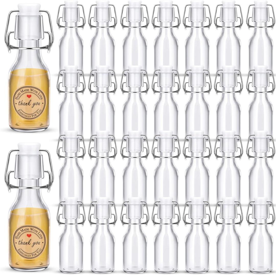 30 PCS Mini Flip Top Glass Bottle with Stoppers Decorative Small Swing Top Glass Bottles with Lids Kraft Adhesive Round Stickers for Wedding Themed Party(4OZ/120 ml)