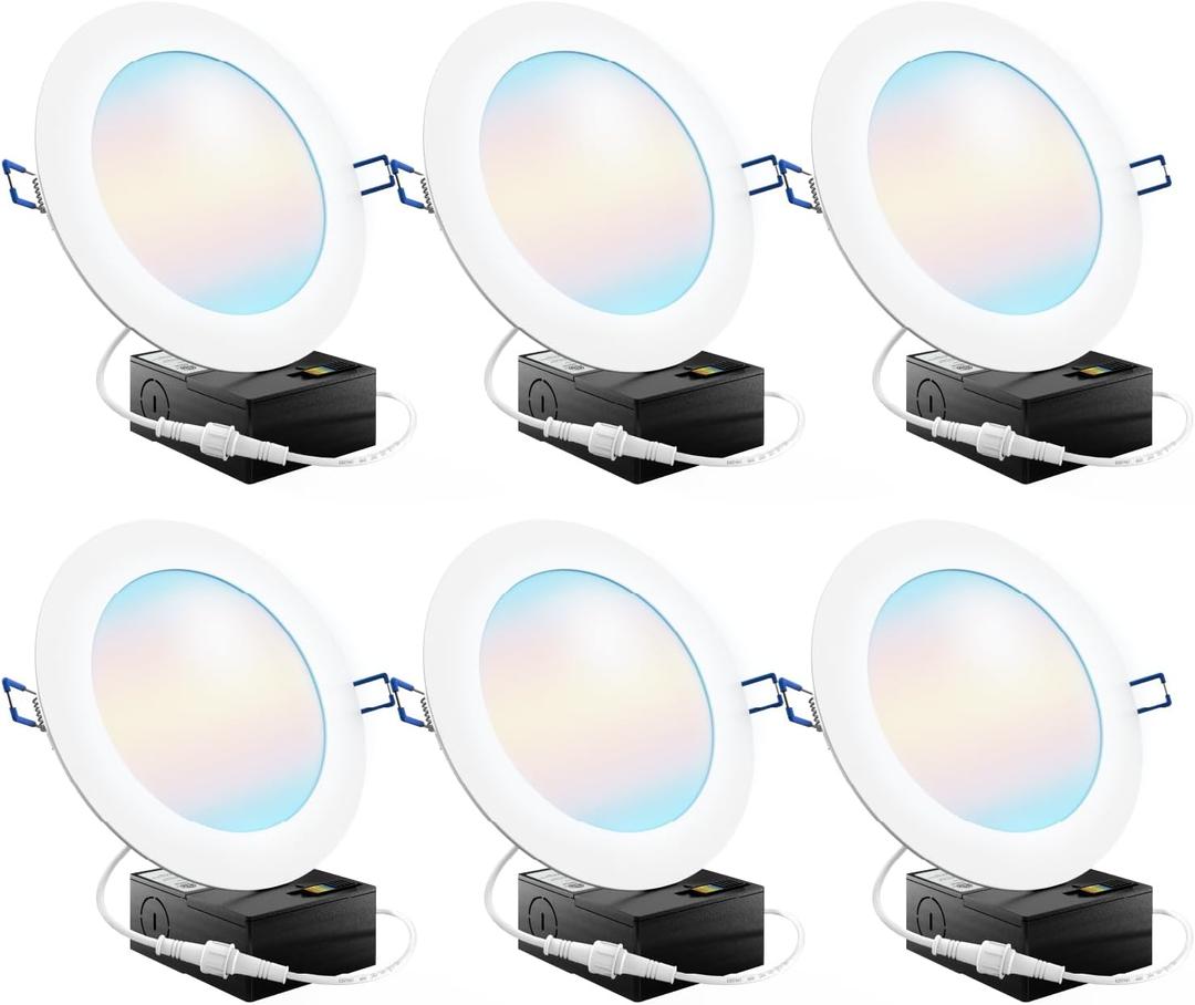 Sunco 6 Pack 6 Inch Ultra Thin LED Recessed Ceiling Lights Slim, Selectable Color Temperature, Dimmable 14W=100W, 850 LM, Canless Wafer Thin with Junction Box - ETL (5 CCT in One (2700K, 3000K, 4000K, 5000K, 6000K))