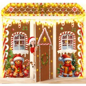 8 Pcs Christmas Gingerbread House Decorations, Gingerbread Door Cover, Backdrop Xmas Door Hanging Banner Porch Sign with Light String for Holiday Home Classroom Office Church Party Supplies