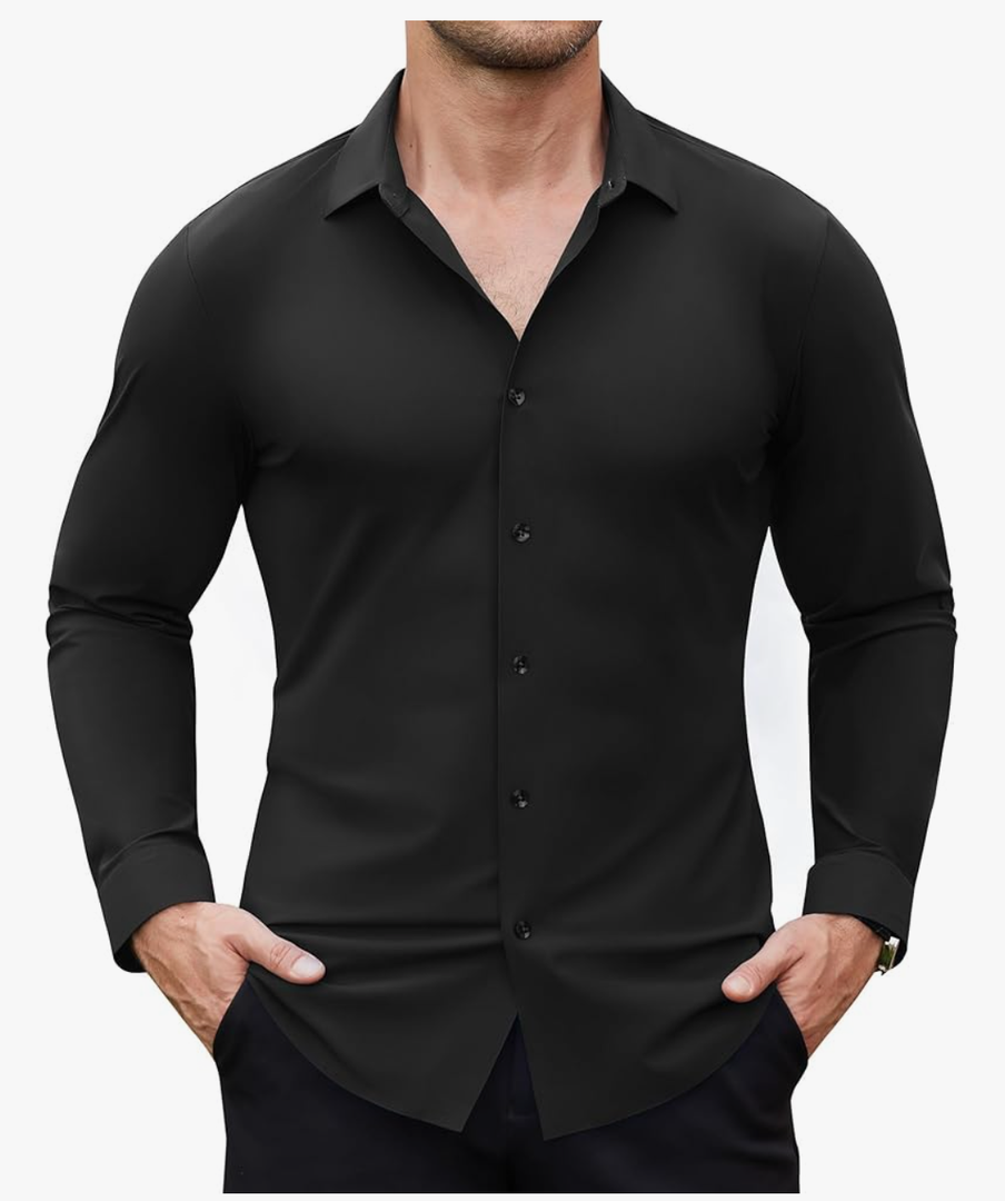 Stretch Mens Dress Shirts Long Sleeve Muscle Fit Dress Shirts for Men Slim Fit Big and Tall Mens Button Down, Shirt XL, Black