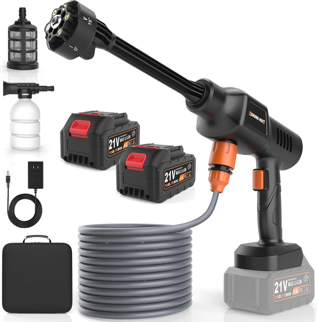 Cordless Pressure Washer 2000 PSI Portable Power Washer Kit with 6-in-1 Adjustable Spray Nozzle Dual 21V 2x4000mAh Batteries Foam Pot for Car Garden Patio Driveway Outdoor Cleaning