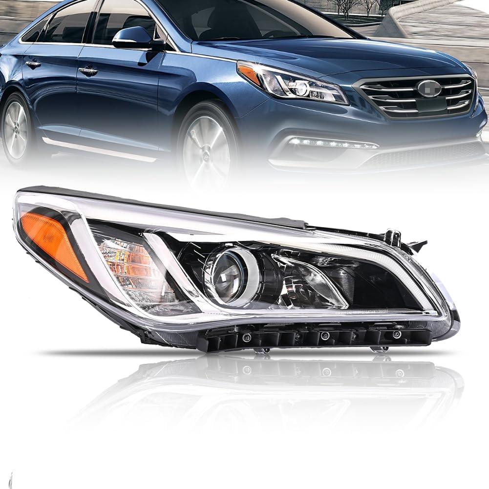 Right Headlight Assembly for 2015 2016 2017 Hyundai Sonata, Passenger Side Halogen Headlamp with Clear Lens Black Housing Amber Reflector (with Bulb), 1 PC, 92102-C2000 92102C2000 HY2503183
